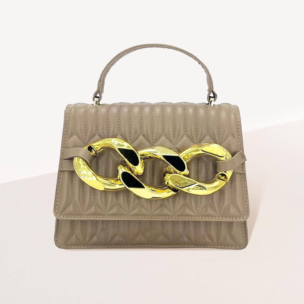 Madeline Love Khaki Chunky Metal Trim Accented Faux Leather Top Handle Crossbody Bag - Bags & Wallets