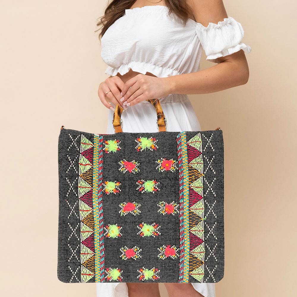 Madeline Love Multi Handwoven Embroidery Boho Pattern Bamboo Handle Tote / Crossbody Bag - Bags & Wallets