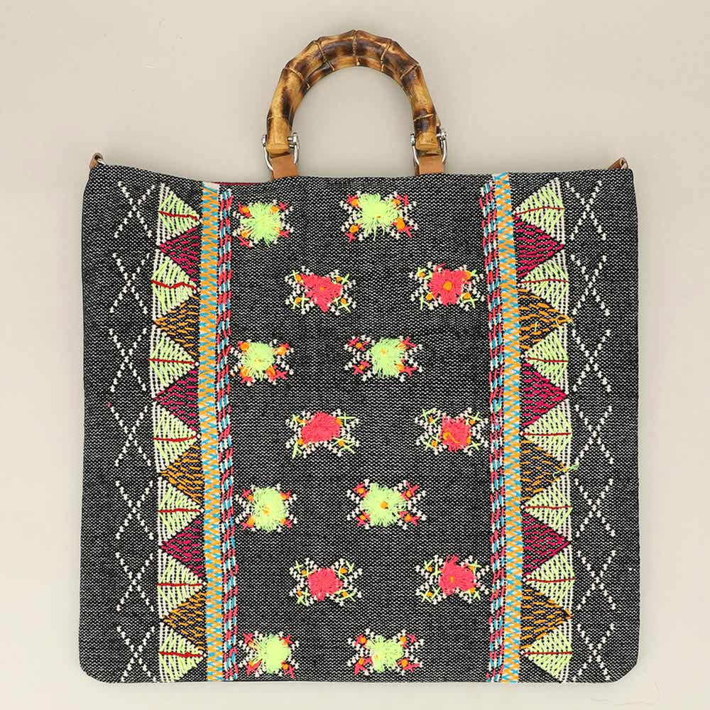 Madeline Love Multi Handwoven Embroidery Boho Pattern Bamboo Handle Tote / Crossbody Bag - Bags & Wallets - desc