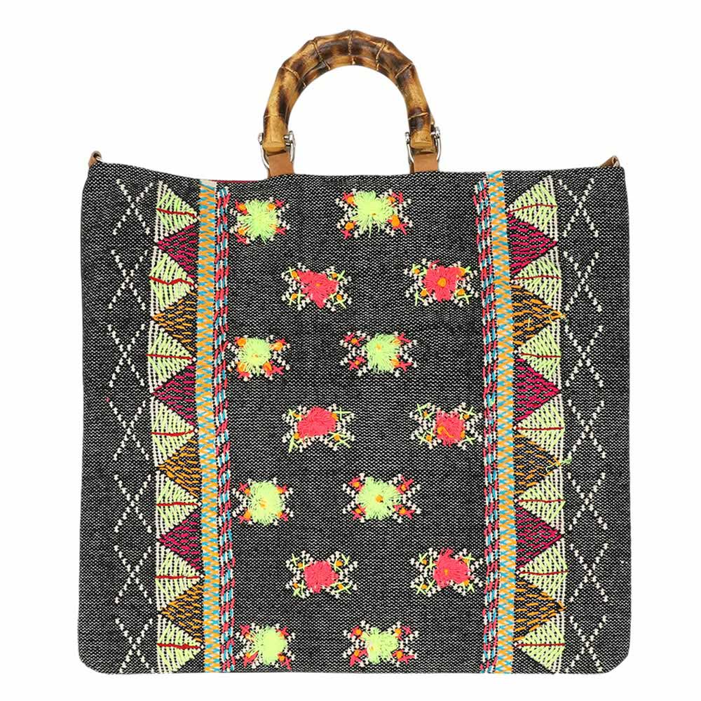 Madeline Love Multi Handwoven Embroidery Boho Pattern Bamboo Handle Tote / Crossbody Bag - Bags & Wallets - extra
