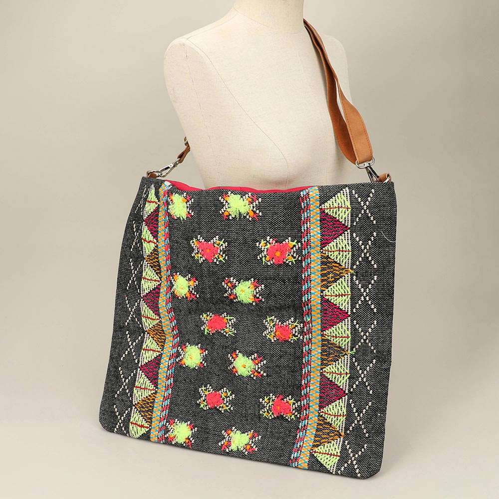 Madeline Love Multi Handwoven Embroidery Boho Pattern Bamboo Handle Tote / Crossbody Bag - Bags & Wallets - extra