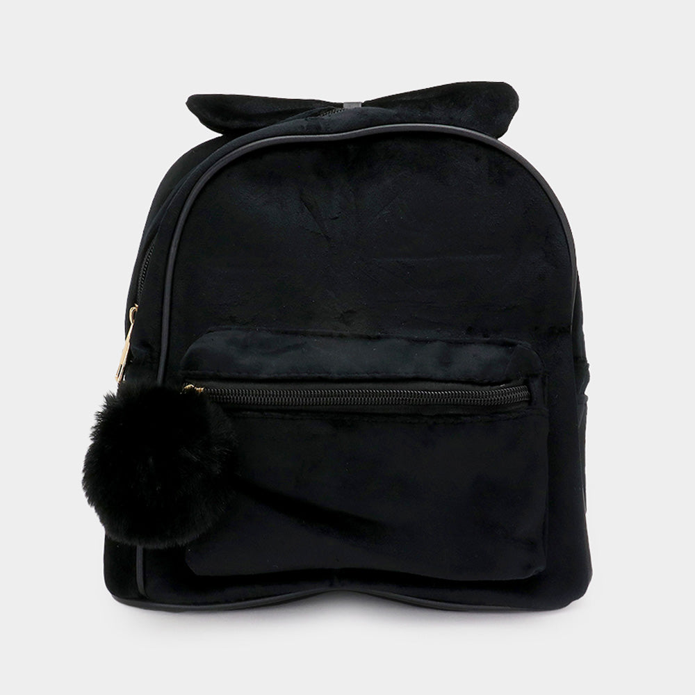 Madeline Love Black Bow Pointed Solid Faux Fur Pom Pom Backpack Bag - Bags & Wallets