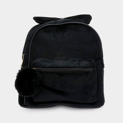 Madeline Love Black Bow Pointed Solid Faux Fur Pom Pom Backpack Bag - Bags & Wallets