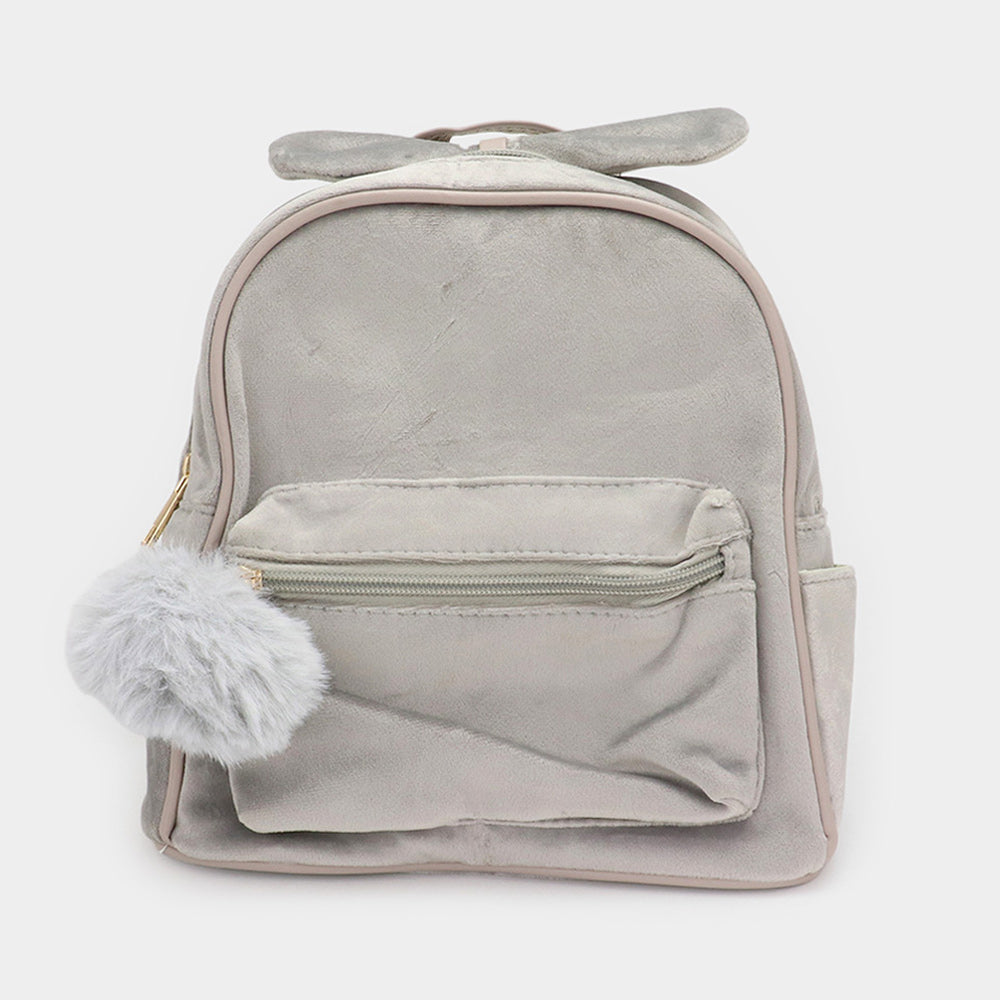 Madeline Love Gray Bow Pointed Solid Faux Fur Pom Pom Backpack Bag - Bags & Wallets
