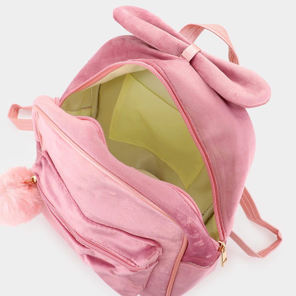 Madeline Love Gray Bow Pointed Solid Faux Fur Pom Pom Backpack Bag - Bags & Wallets - desc