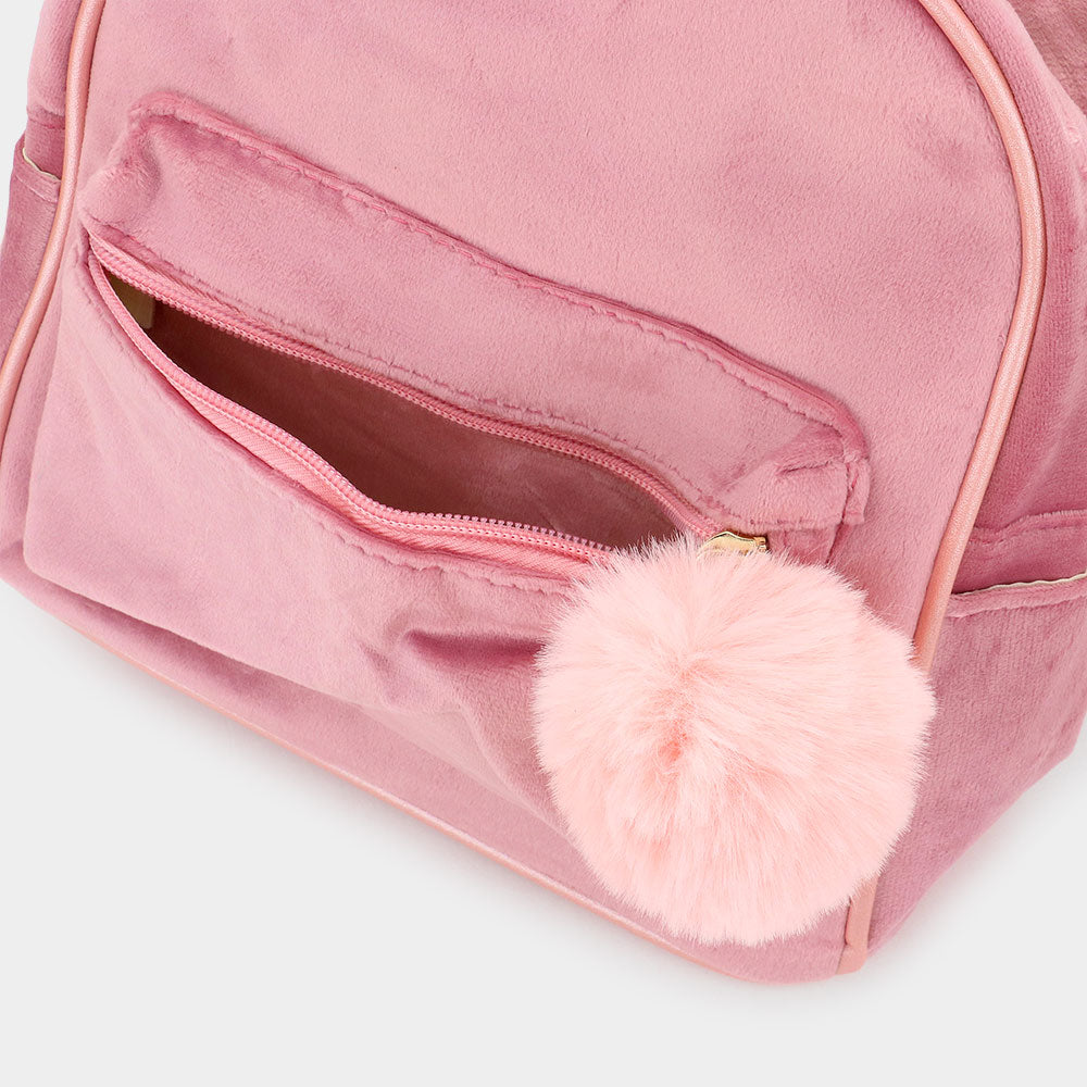 Madeline Love Gray Bow Pointed Solid Faux Fur Pom Pom Backpack Bag - Bags & Wallets - extra