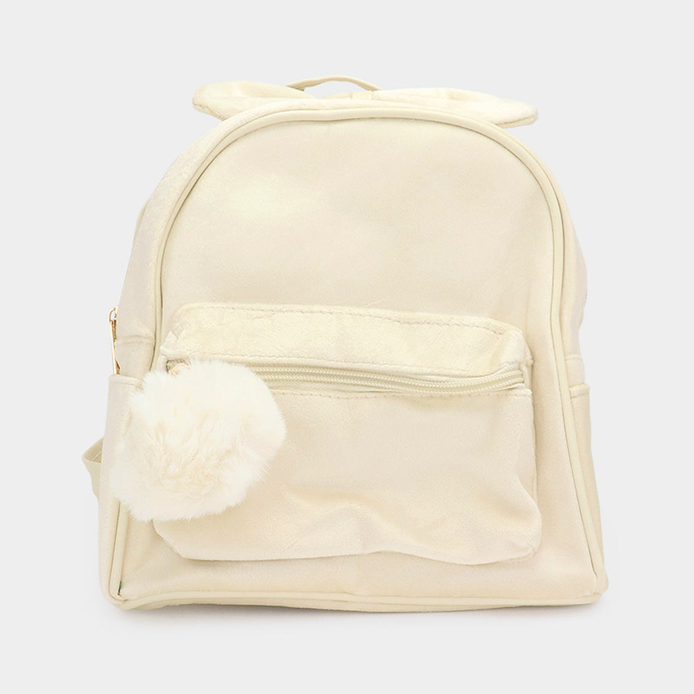 Madeline Love Ivory Bow Pointed Solid Faux Fur Pom Pom Backpack Bag - Bags & Wallets
