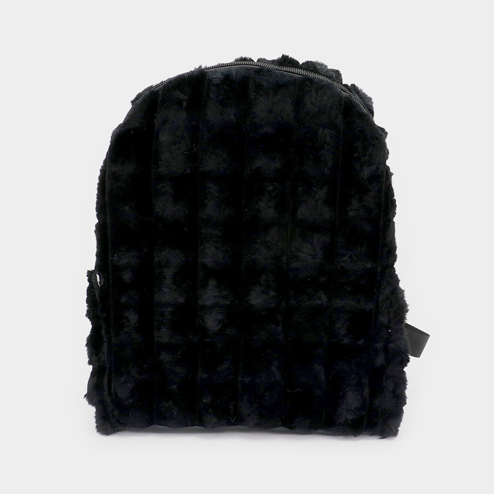 Madeline Love Black Quilted Solid Faux Fur Backpack Bag - Bags & Wallets