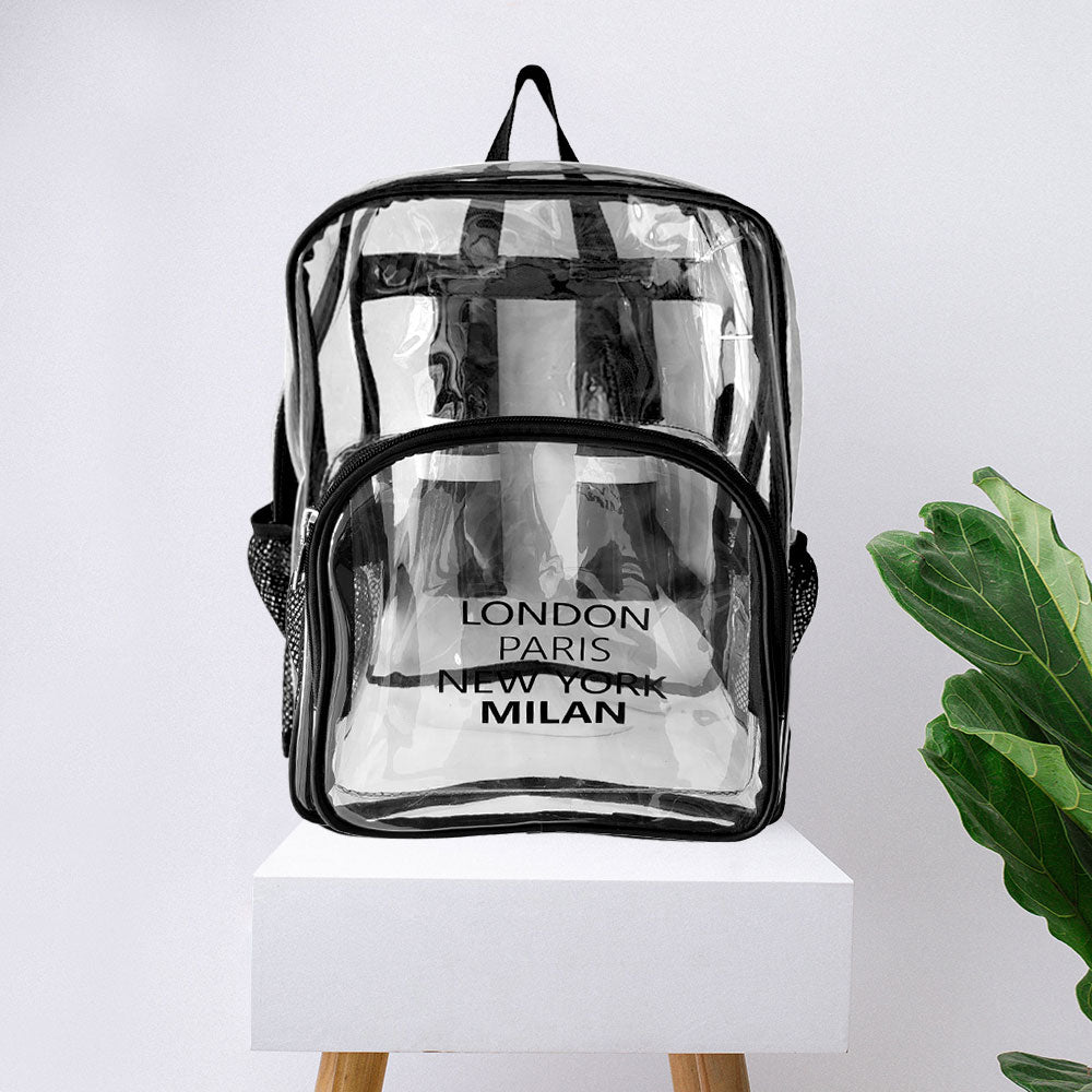 Madeline Love Black London Paris New York Milan City Name Printed Transparent Backpack Bag - Bags & Wallets
