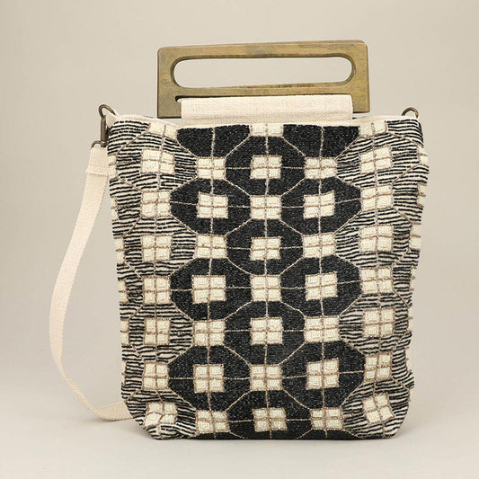 Madeline Love Beige, Black Handcrafted Beaded Boho Wooden Handle Tote / Crossbody Bag - Bags & Wallets