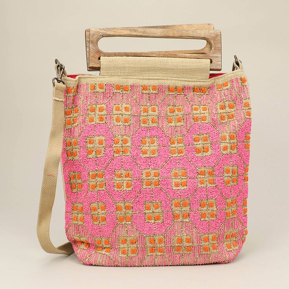 Madeline Love Fuchsia Handcrafted Beaded Boho Wooden Handle Tote / Crossbody Bag - Bags & Wallets