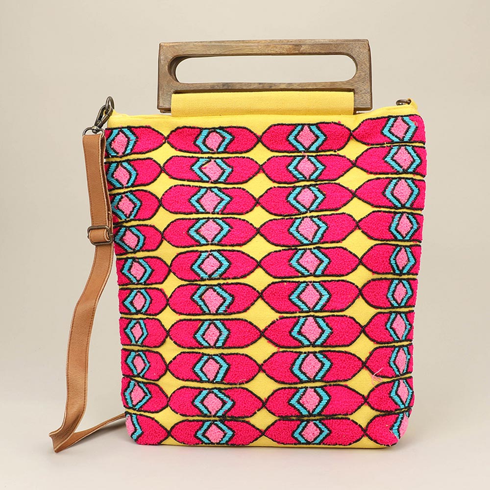 Madeline Love Multi Boho Geometric Pattern Wooden Handle Tote / Crossbody Bag - Bags & Wallets