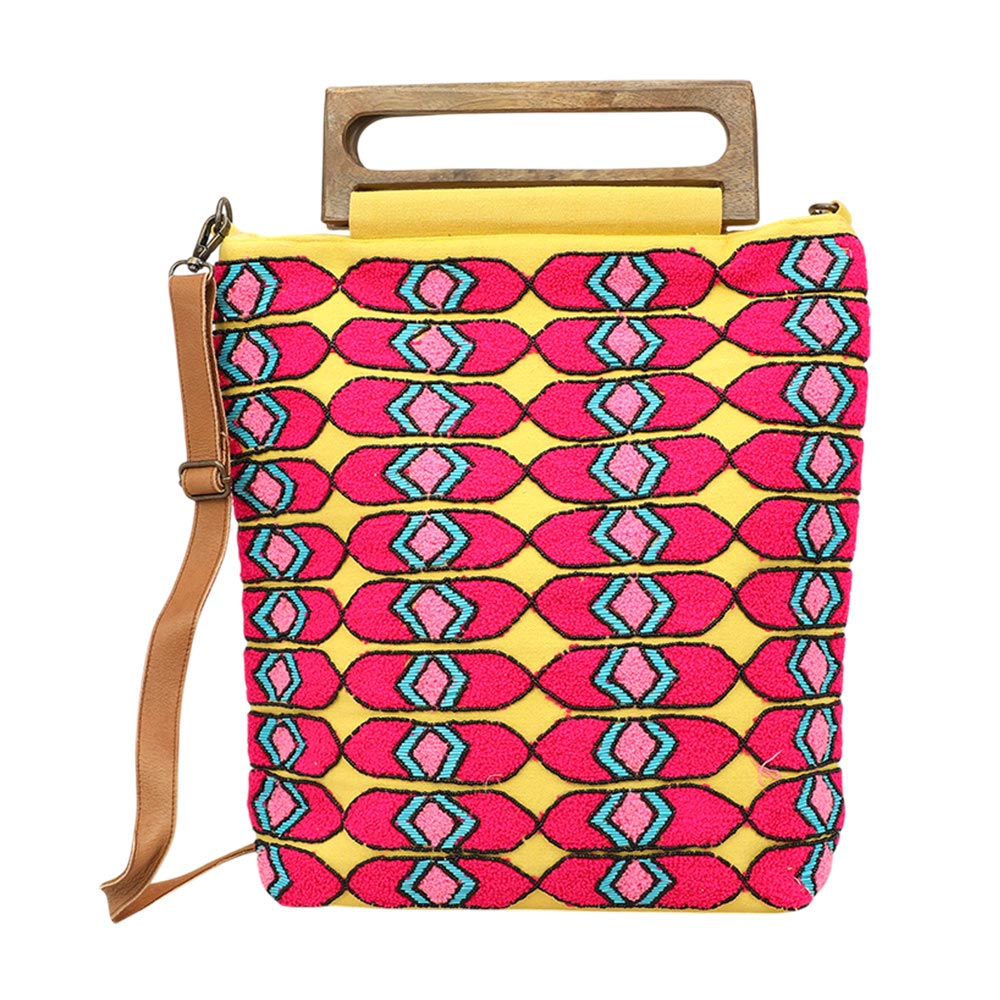Madeline Love Multi Boho Geometric Pattern Wooden Handle Tote / Crossbody Bag - Bags & Wallets - desc