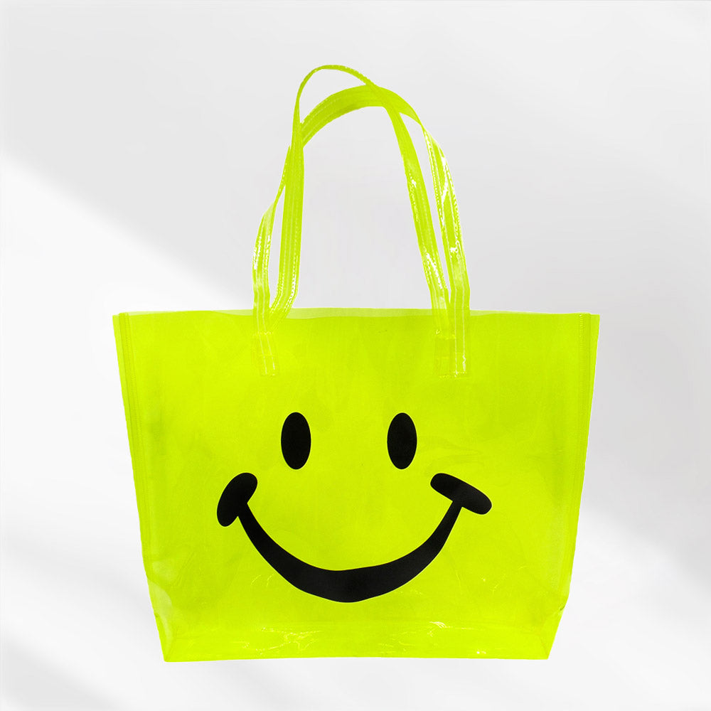 Madeline Love Neon, Yellow Smile Face Printed Transparent Tote Bag / Shoulder Bag - Bags & Wallets