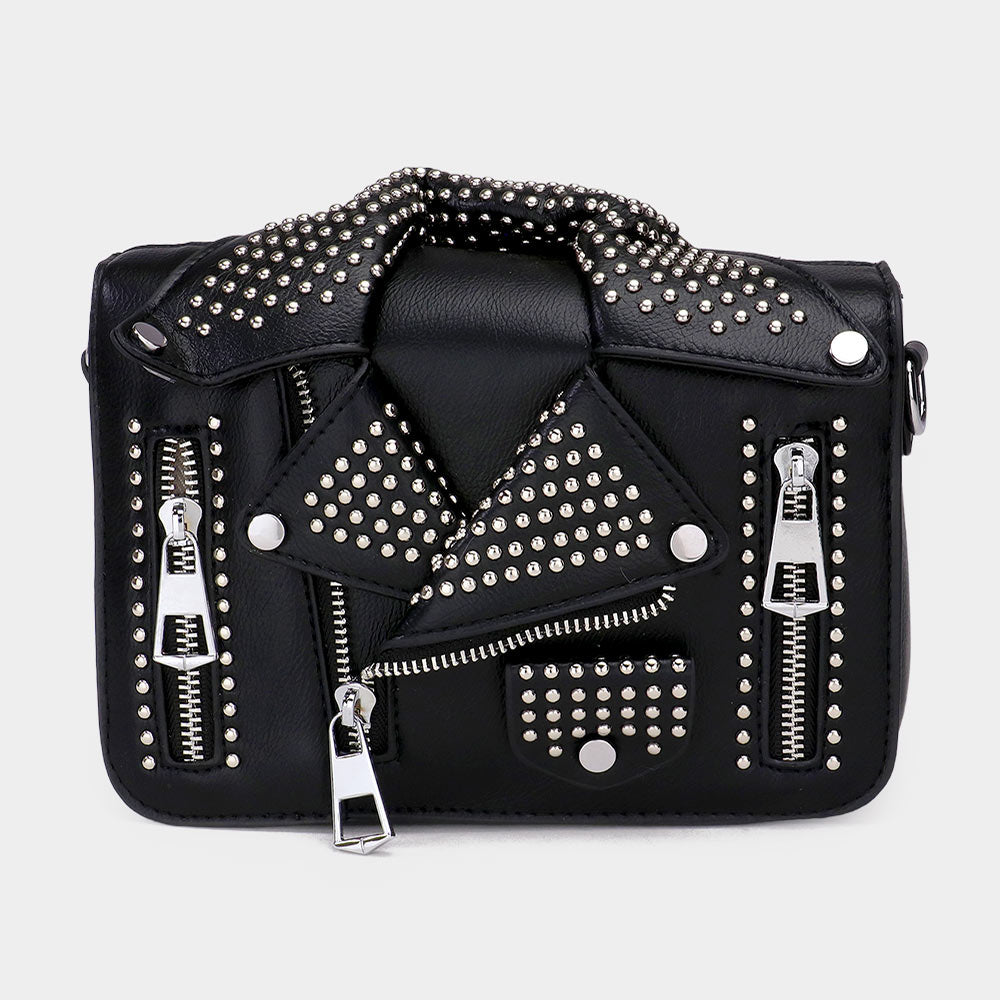 Madeline Love Black Studded Faux Leather Jacket Designed Crossbody Bag - Bags & Wallets