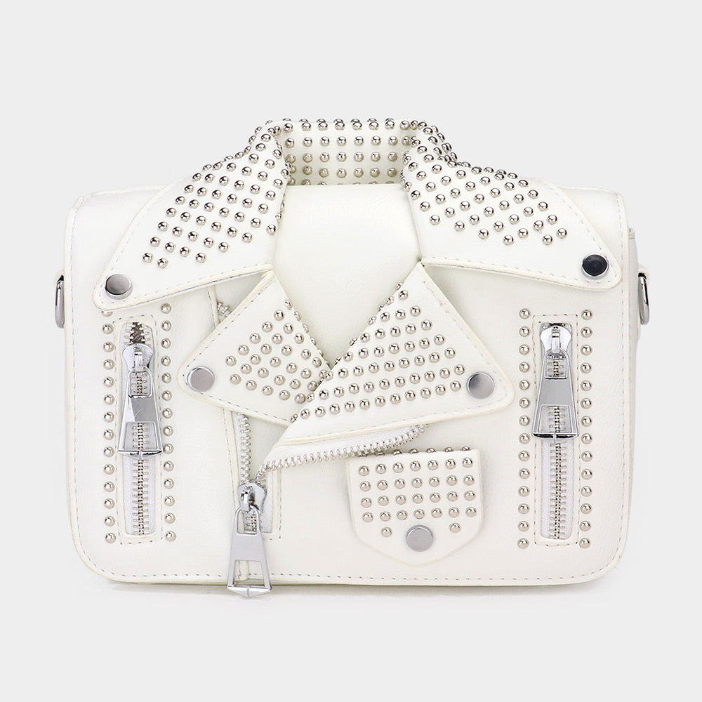 Madeline Love White Studded Faux Leather Jacket Designed Crossbody Bag - Bags & Wallets