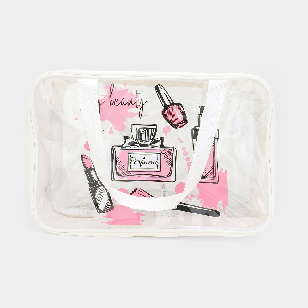 Madeline Love White Cosmetic Printed Translucent Mesh Divided Shoulder Bag / Tote Bag - Bags & Wallets