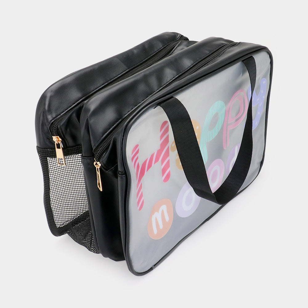 Madeline Love Pink HAPPY MOOD Message Printed Translucent Mesh Divided Shoulder Bag / Tote Bag - Bags & Wallets - extra