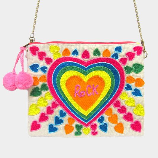 Heart Accented Pom Pom Crossbody Bag