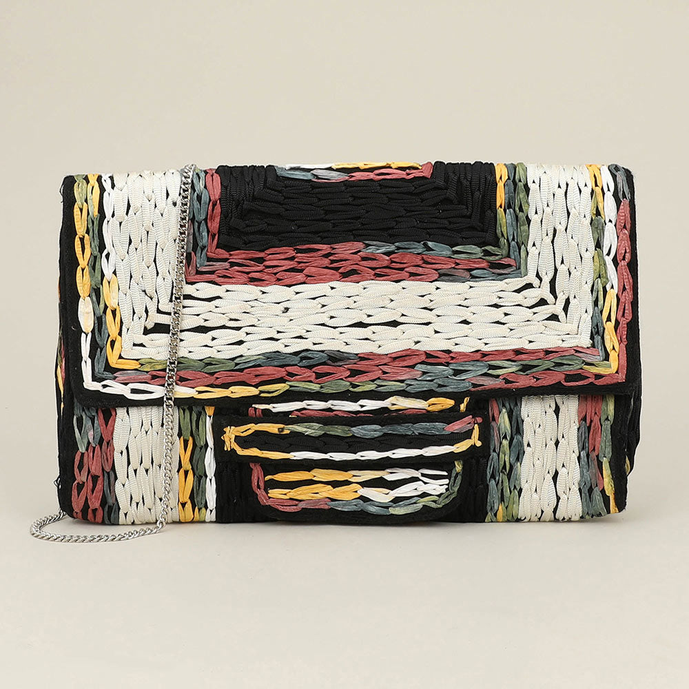 Madeline Love Black Handcrafted Raffia Geometric Pattern Clutch Bag / Crossbody Bag - Bags & Wallets