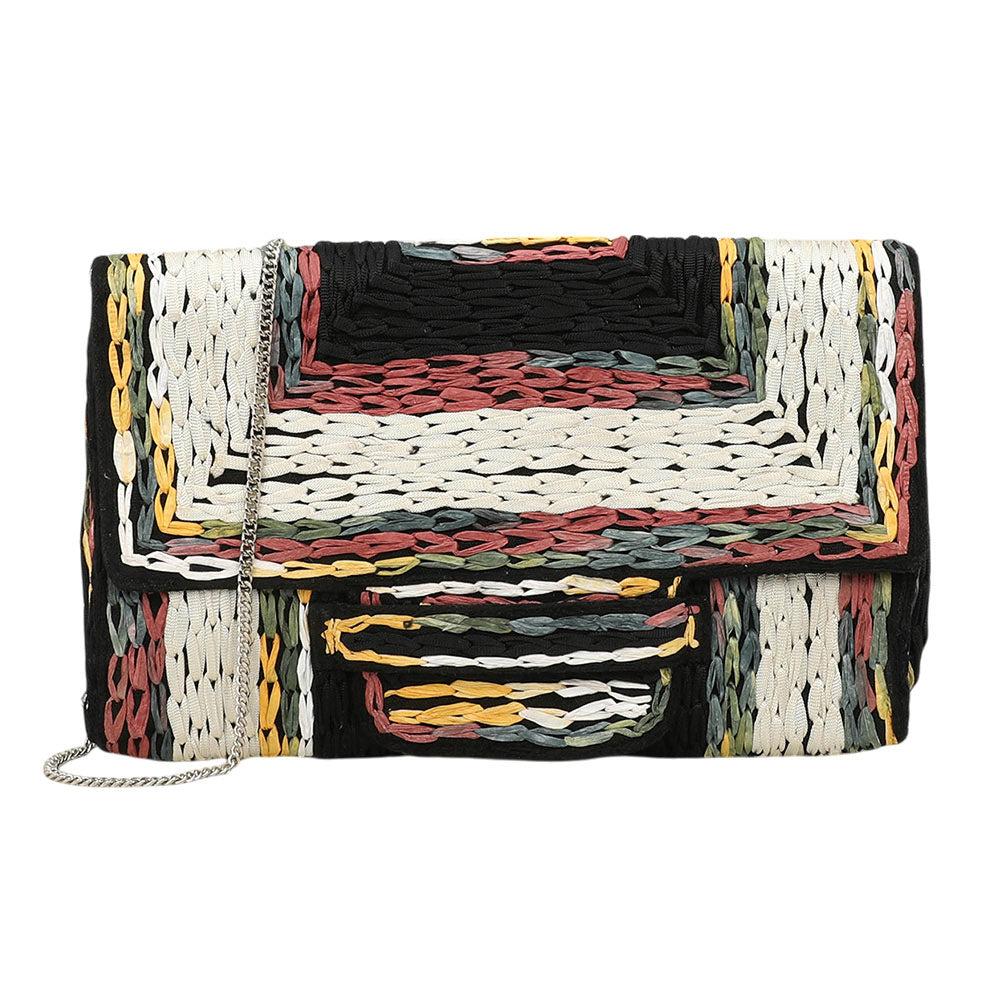 Madeline Love Black Handcrafted Raffia Geometric Pattern Clutch Bag / Crossbody Bag - Bags & Wallets - desc