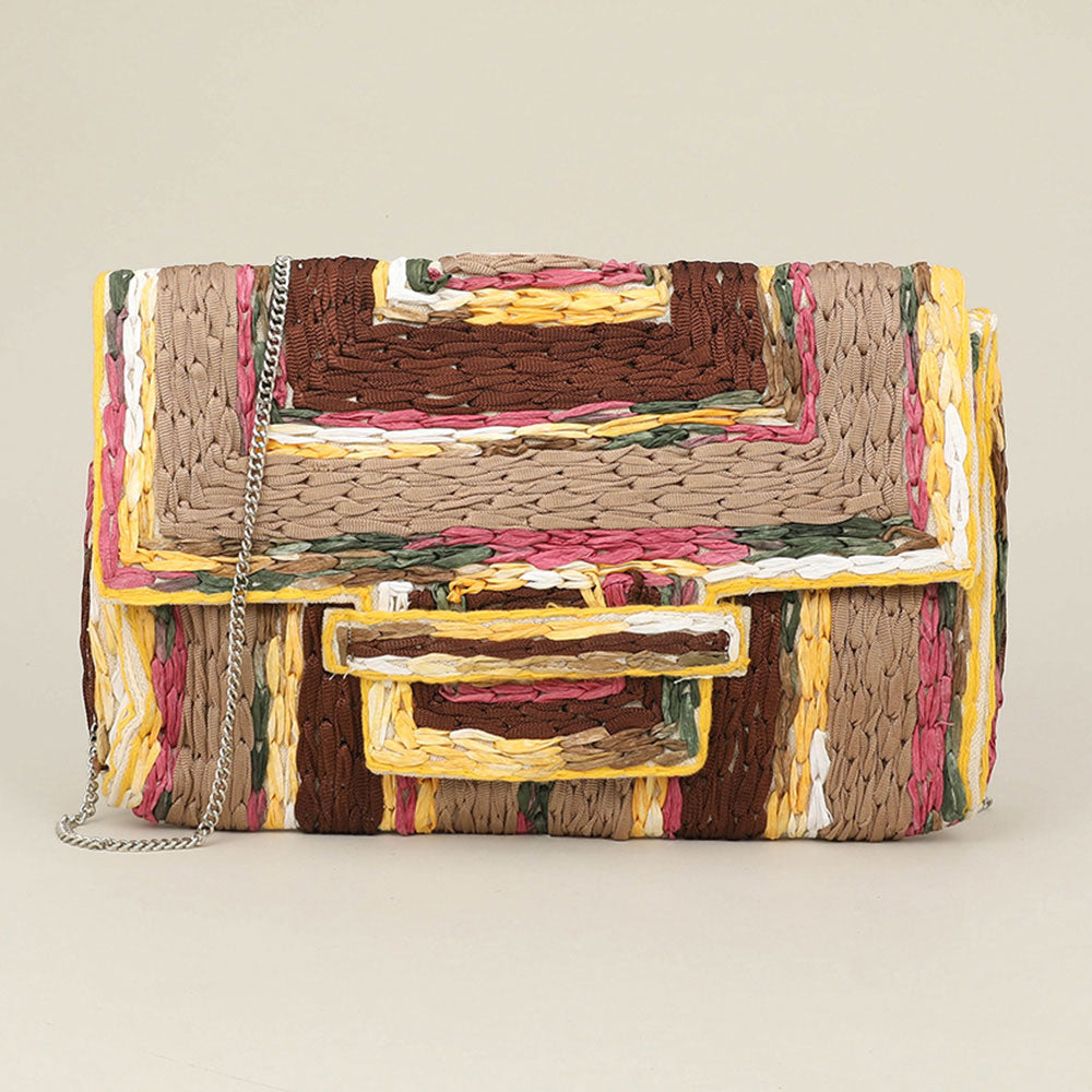 Madeline Love Brown Handcrafted Raffia Geometric Pattern Clutch Bag / Crossbody Bag - Bags & Wallets