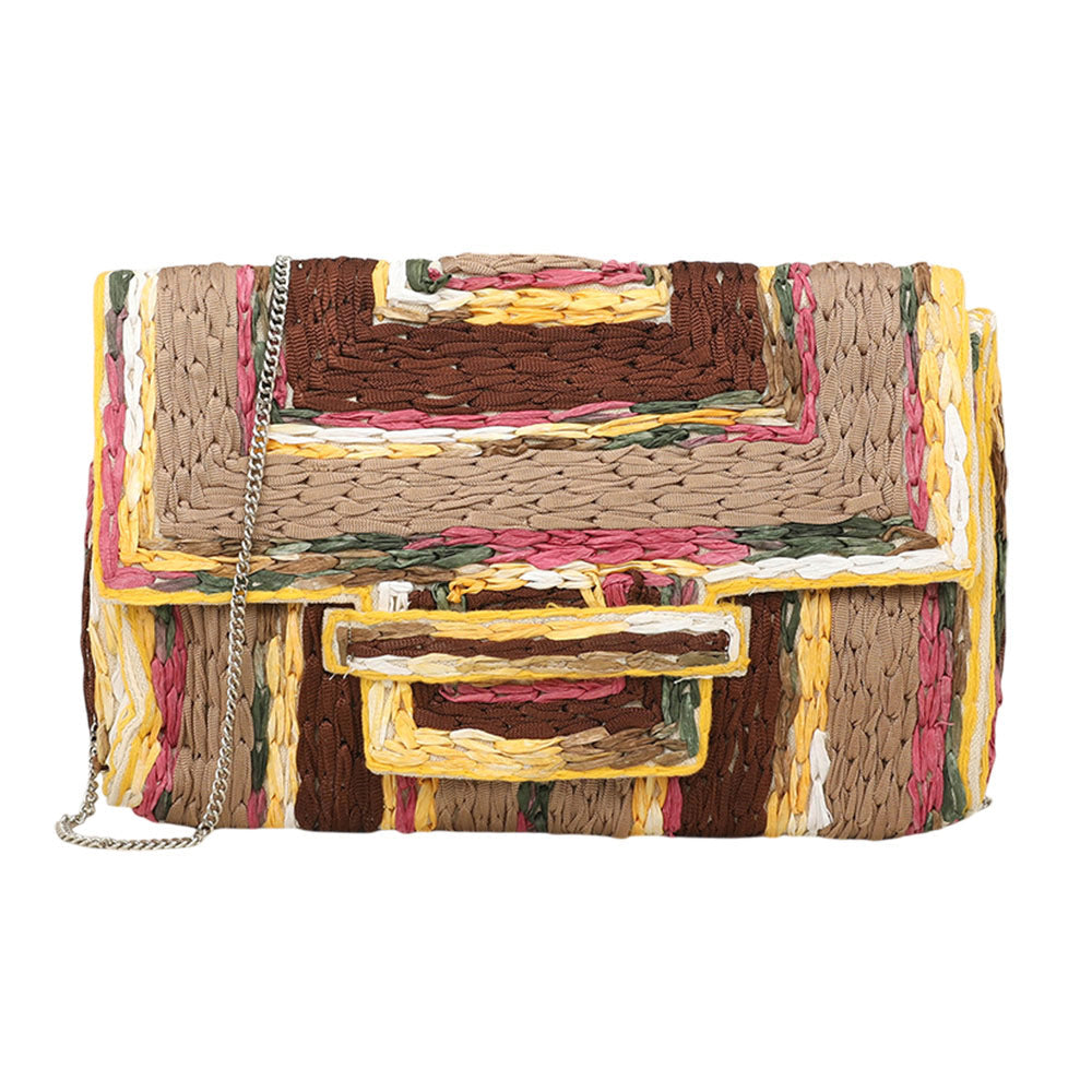 Madeline Love Brown Handcrafted Raffia Geometric Pattern Clutch Bag / Crossbody Bag - Bags & Wallets - desc