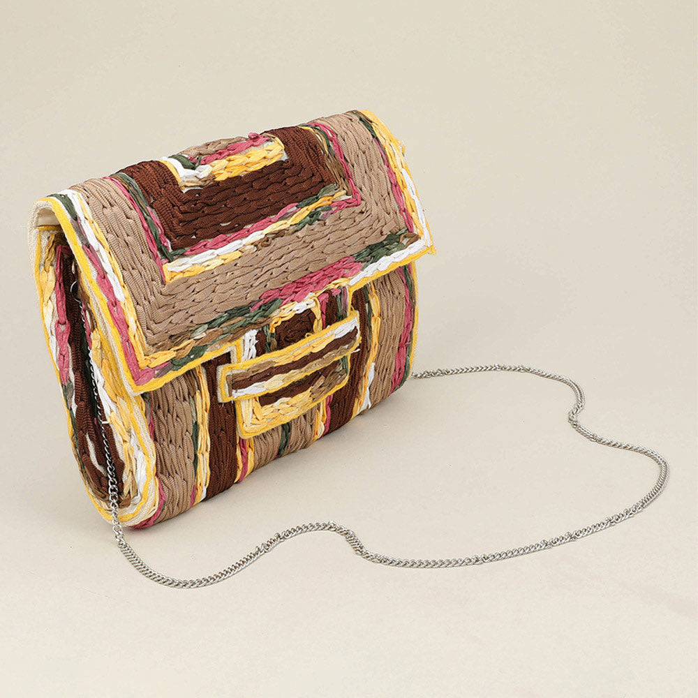 Madeline Love Brown Handcrafted Raffia Geometric Pattern Clutch Bag / Crossbody Bag - Bags & Wallets - extra
