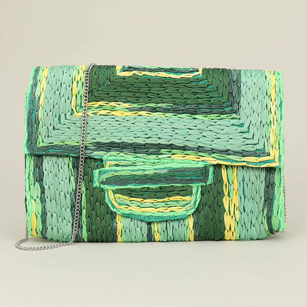 Madeline Love Green Handcrafted Raffia Geometric Pattern Clutch Bag / Crossbody Bag - Bags & Wallets