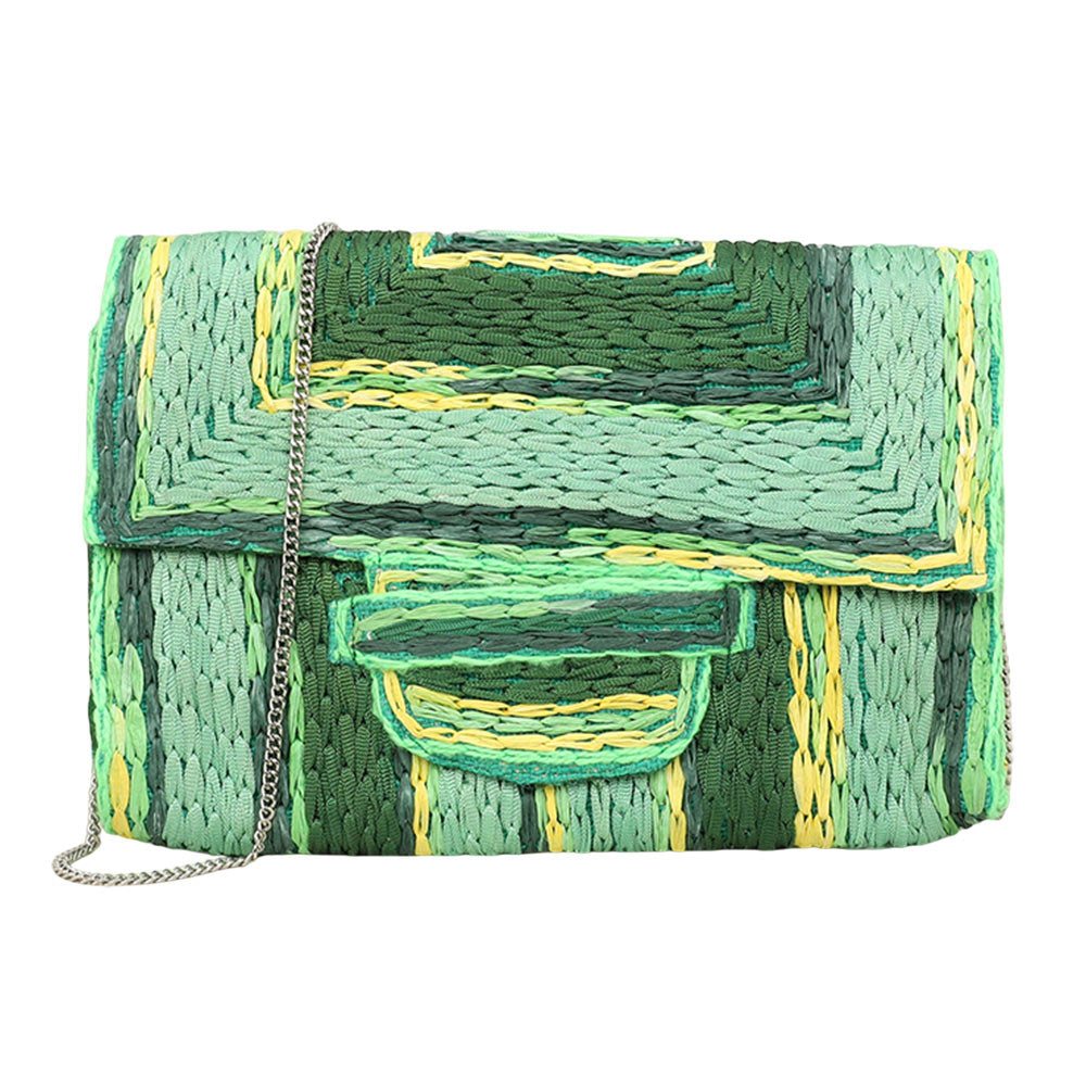 Madeline Love Green Handcrafted Raffia Geometric Pattern Clutch Bag / Crossbody Bag - Bags & Wallets - desc