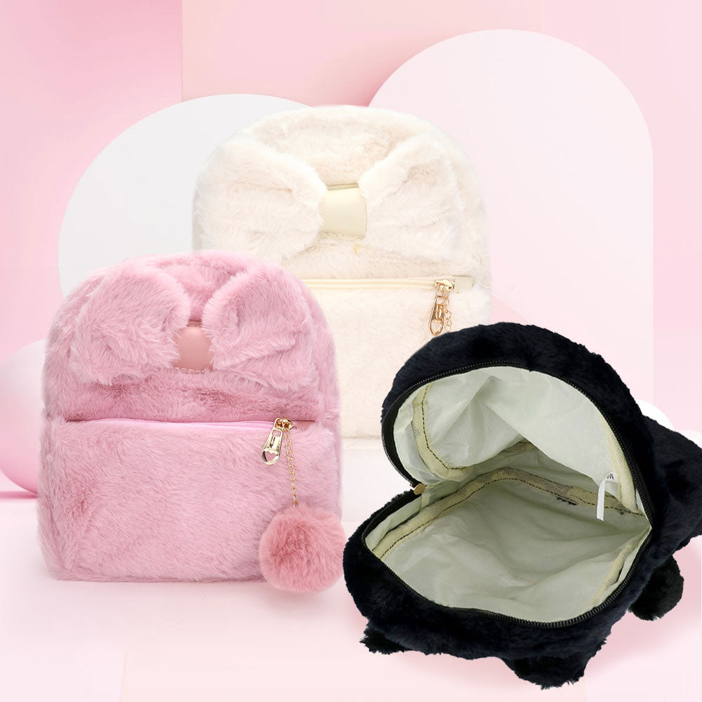 Madeline Love Pink Faux Fur Bow Pom Pom Pointed Plush Mini Backpack - Bags & Wallets - desc