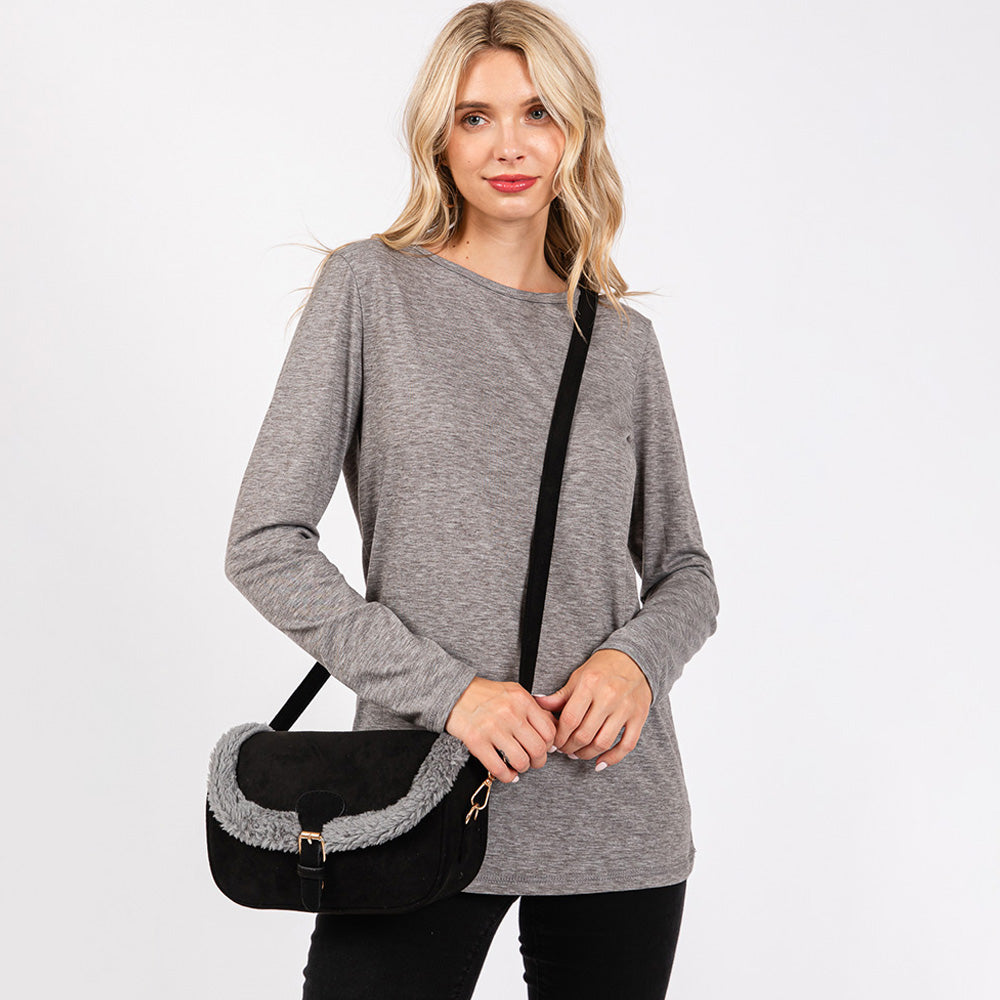 Madeline Love Black Fleece Trimmed Solid Crossbody Bag - Bags & Wallets