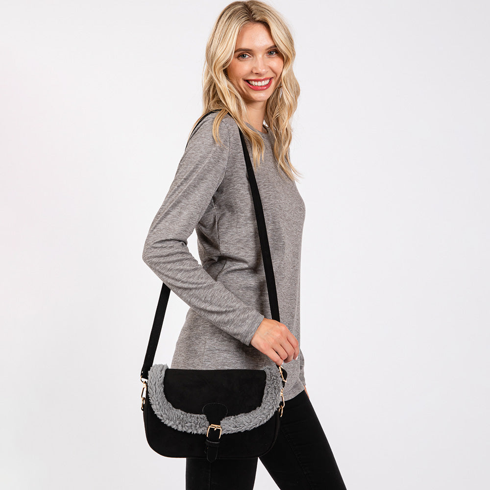 Madeline Love Black Fleece Trimmed Solid Crossbody Bag - Bags & Wallets - desc