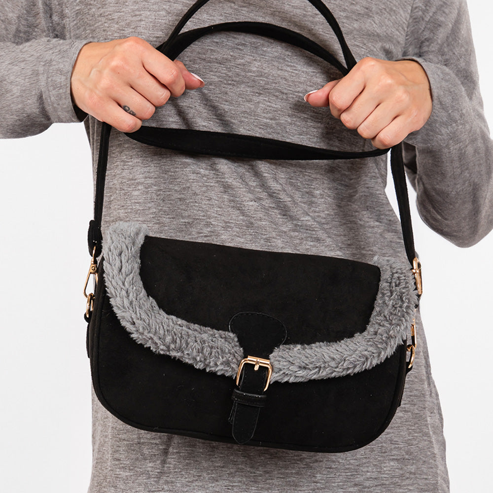 Madeline Love Black Fleece Trimmed Solid Crossbody Bag - Bags & Wallets - extra