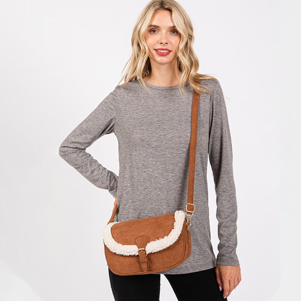 Madeline Love Brown Fleece Trimmed Solid Crossbody Bag - Bags & Wallets