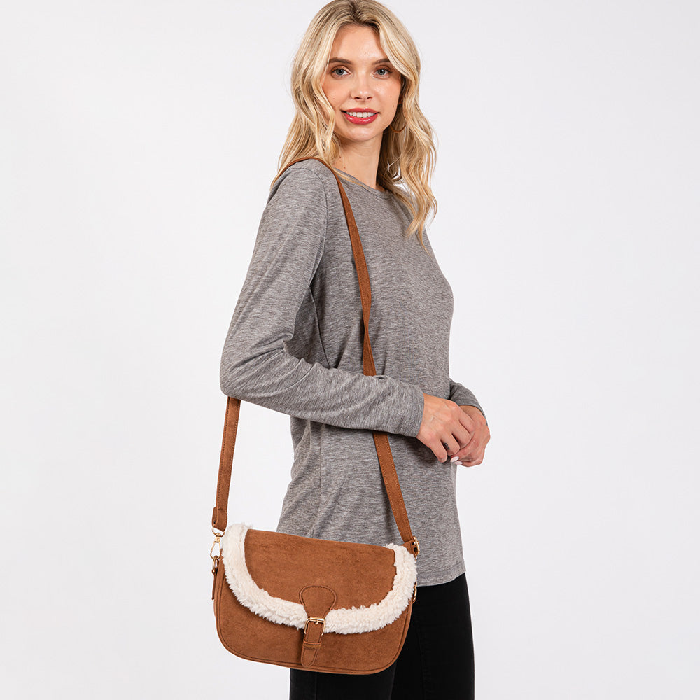 Madeline Love Brown Fleece Trimmed Solid Crossbody Bag - Bags & Wallets - desc