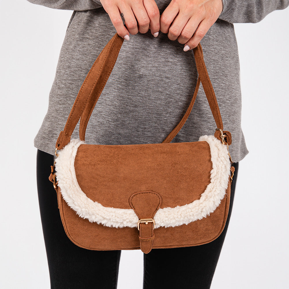 Madeline Love Brown Fleece Trimmed Solid Crossbody Bag - Bags & Wallets - extra