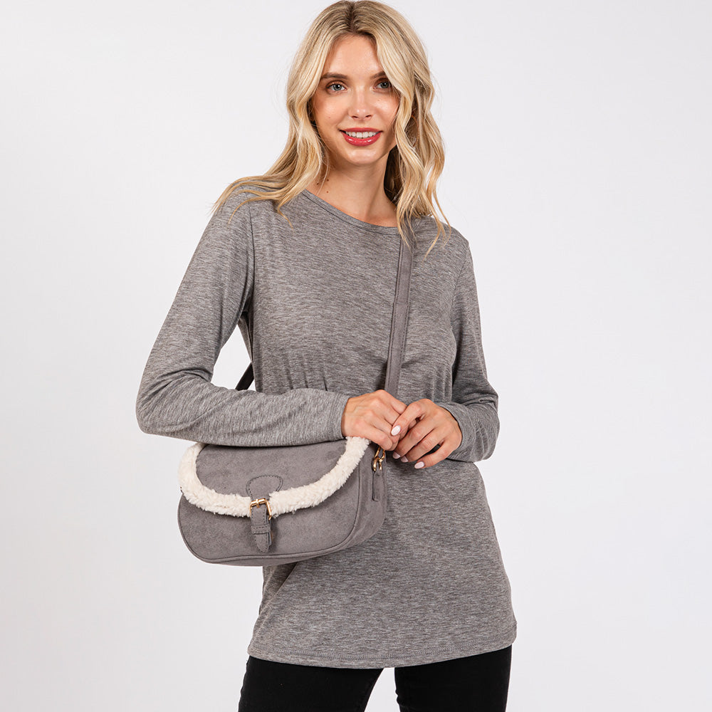 Madeline Love Gray Fleece Trimmed Solid Crossbody Bag - Bags & Wallets