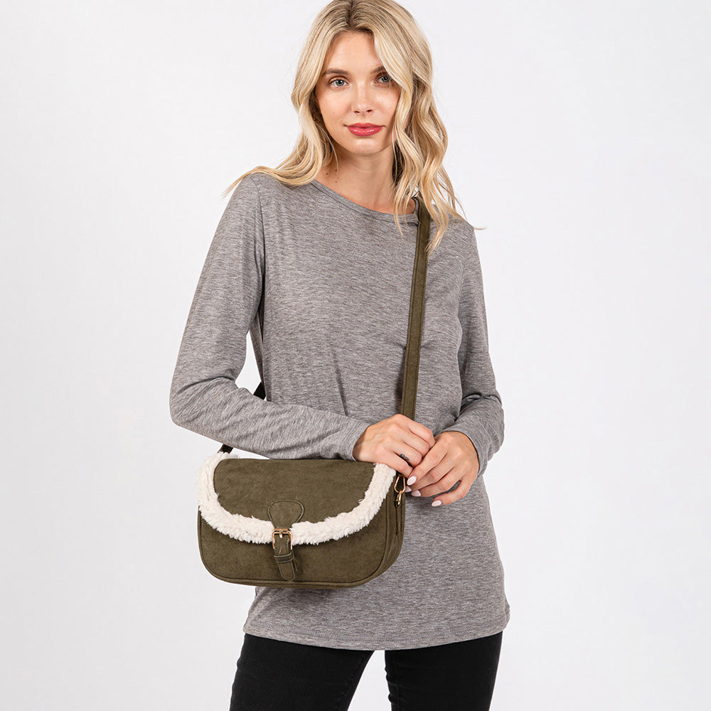 Madeline Love Olive Green Fleece Trimmed Solid Crossbody Bag - Bags & Wallets
