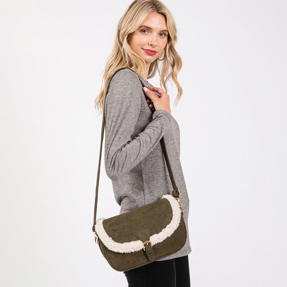 Madeline Love Olive Green Fleece Trimmed Solid Crossbody Bag - Bags & Wallets - desc