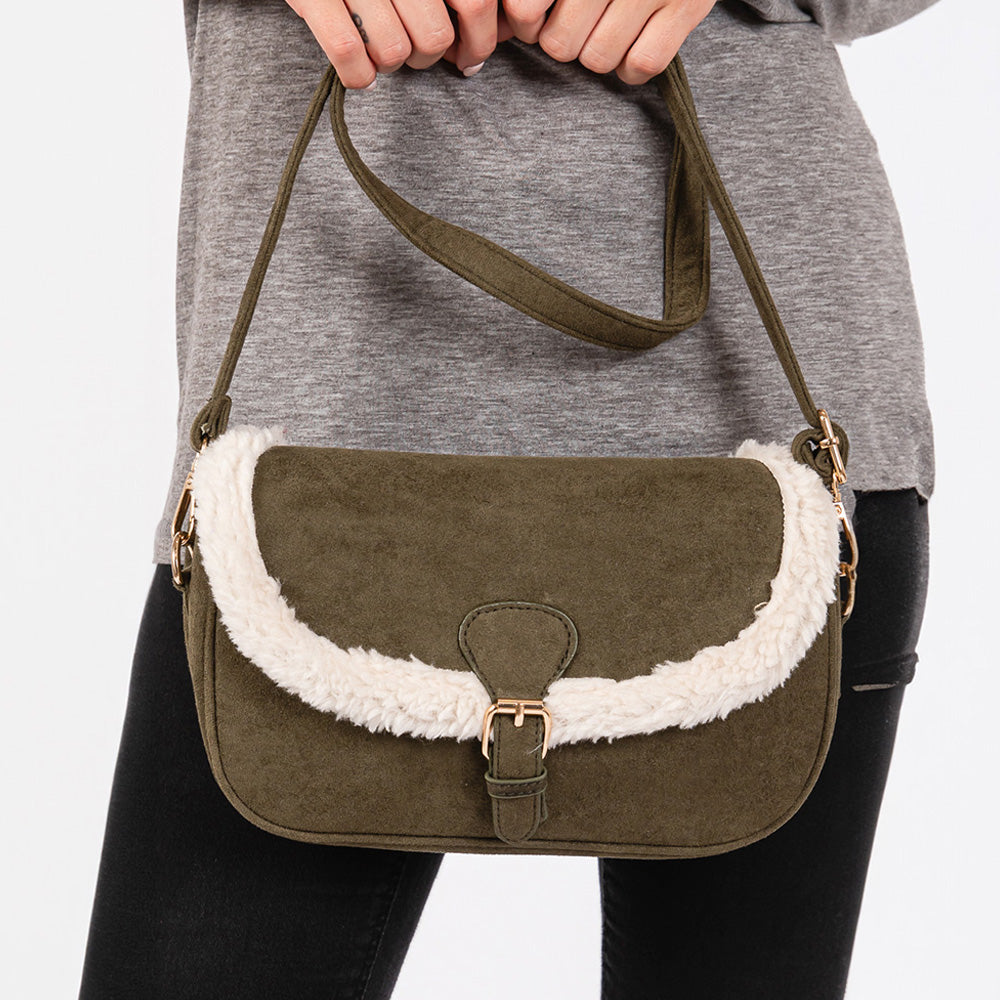 Madeline Love Olive Green Fleece Trimmed Solid Crossbody Bag - Bags & Wallets - extra