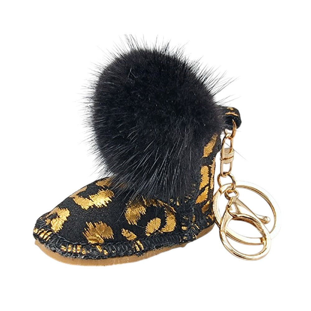 Faux Fur Pom Pom Boot Bag Charm - Black Gold - Keychains