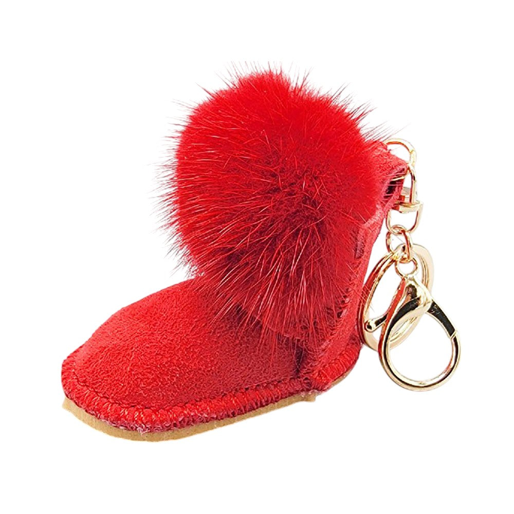 Faux Fur Pom Pom Boot Bag Charm - Red Rhodium - Keychains