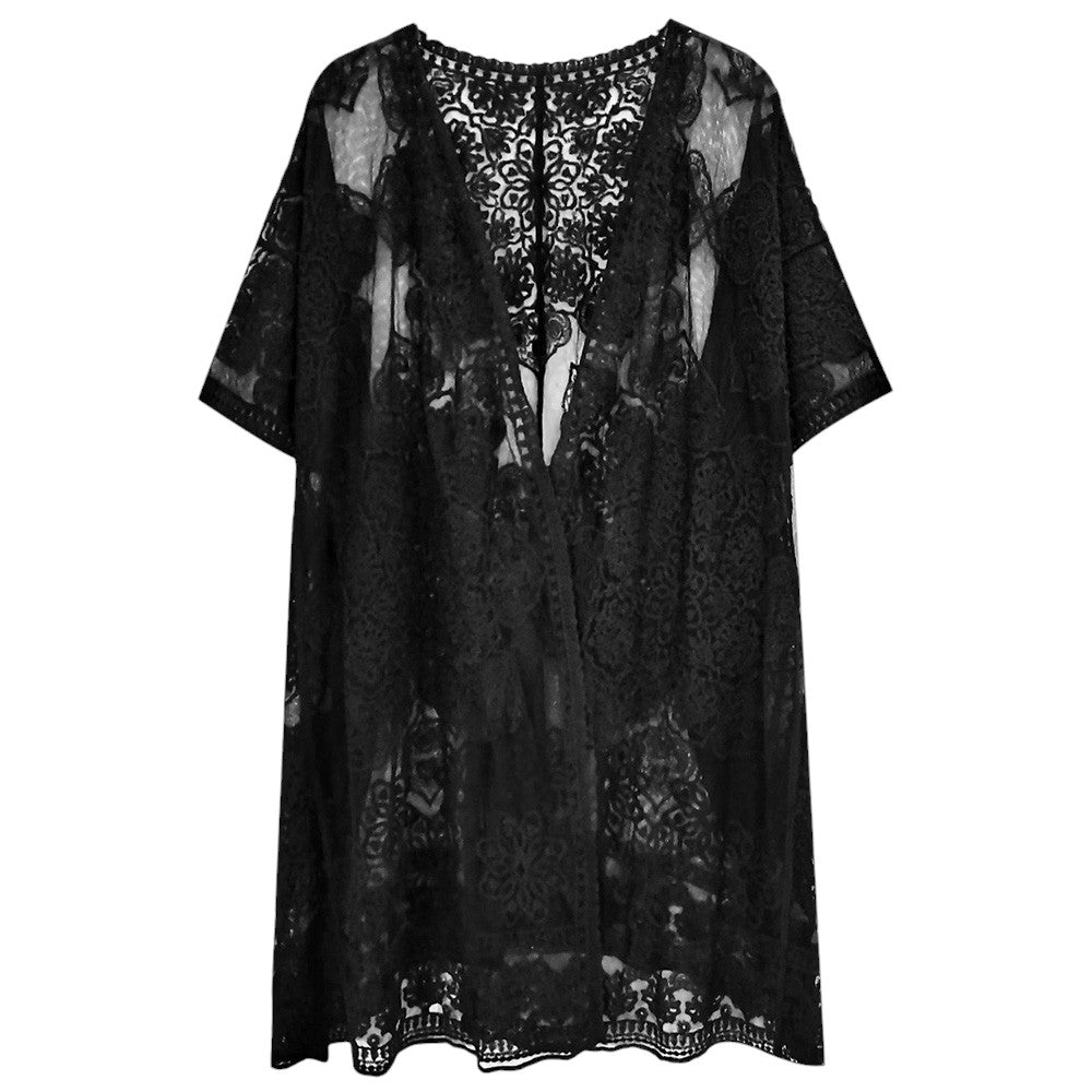 Black Flower Lace Kimono Poncho is a versatile and fashionable addition to any wardrobe. The delicate lace detailing adds a touch of elegance, while the kimono style allows for comfortable and easy wear. Perfect for dressing up any outfit, this poncho is a must-have for any fashion-forward individual. 