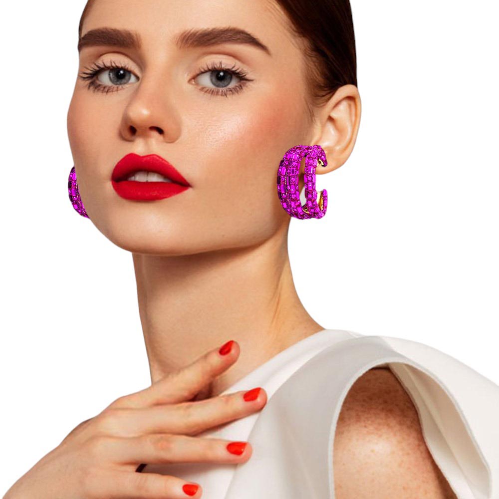 Bling Rectangle Stone Split Hoop Earrings - Fuchsia - Earrings