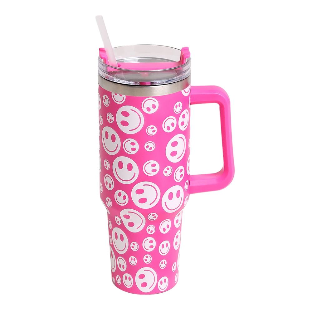 Fuchsia Happy Face Printed 40oz Stainless Steel Tumbler With Handle is perfect for keeping your drinks hot or cold for hours. Made of durable stainless steel and featuring a fun happy face print, this tumbler is a great addition to your drinkware collection. With its large 40oz capacity and convenient handle, you can enjoy your favorite beverages on the go while spreading joy and happiness.