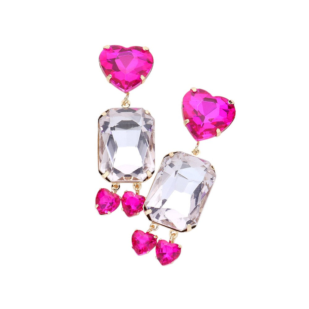 Fuchsia Heart Emerald Cut Stone Link Dangle Evening Earrings are perfect for a glamorous evening. Made with stunning emerald-cut stones, these earrings will add a touch of elegance to any outfit. With their delicate link design, they are both stylish and comfortable to wear‚Äîa must-have for any special occasion.