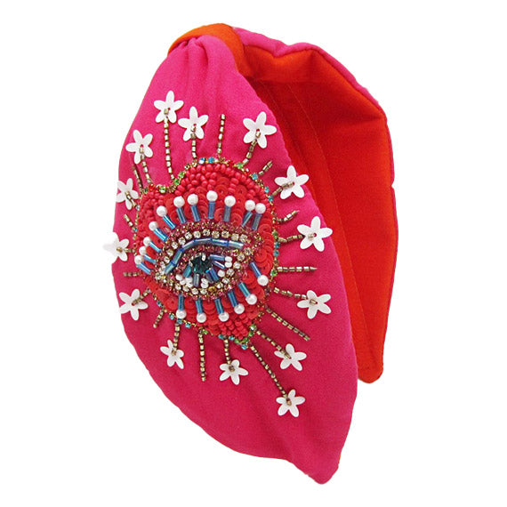 Pearl Sequin Bead Evil Eye Heart Knot Burnout Headband - Fuchsia - Headbands