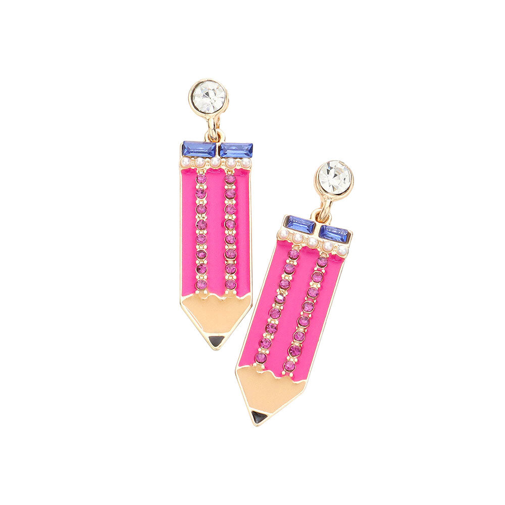 Fuchsia Rhinestone Embellished Enamel Pencil Dangle Earrings, turn your ears into a chic fashion statement with these Rhinestone Pencil earrings! These pencil dangle earrings are very lightweight and comfortable, you can wear these for a long time on special occasions. The beautifully crafted design adds a gorgeous glow to any outfit.