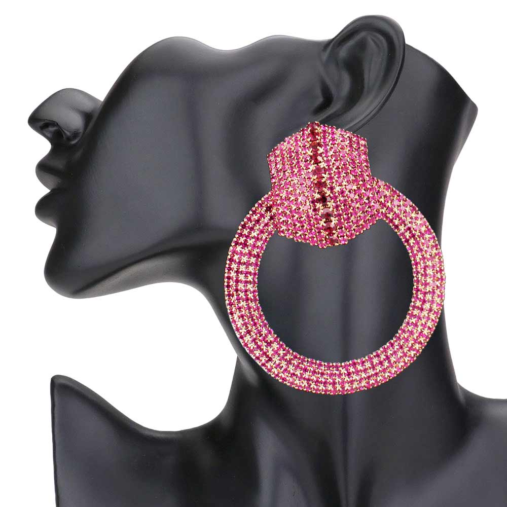 Fuchsia Rhinestone Pave Hexagon Open Circle Evening Earrings, get ready with these evening earrings to receive the best compliments on any special occasion. These classy evening earrings are perfect for parties, Weddings, and Evenings. Awesome gift for birthdays, anniversaries, Valentine‚Äö√Ñ√¥s Day, or any special occasion.